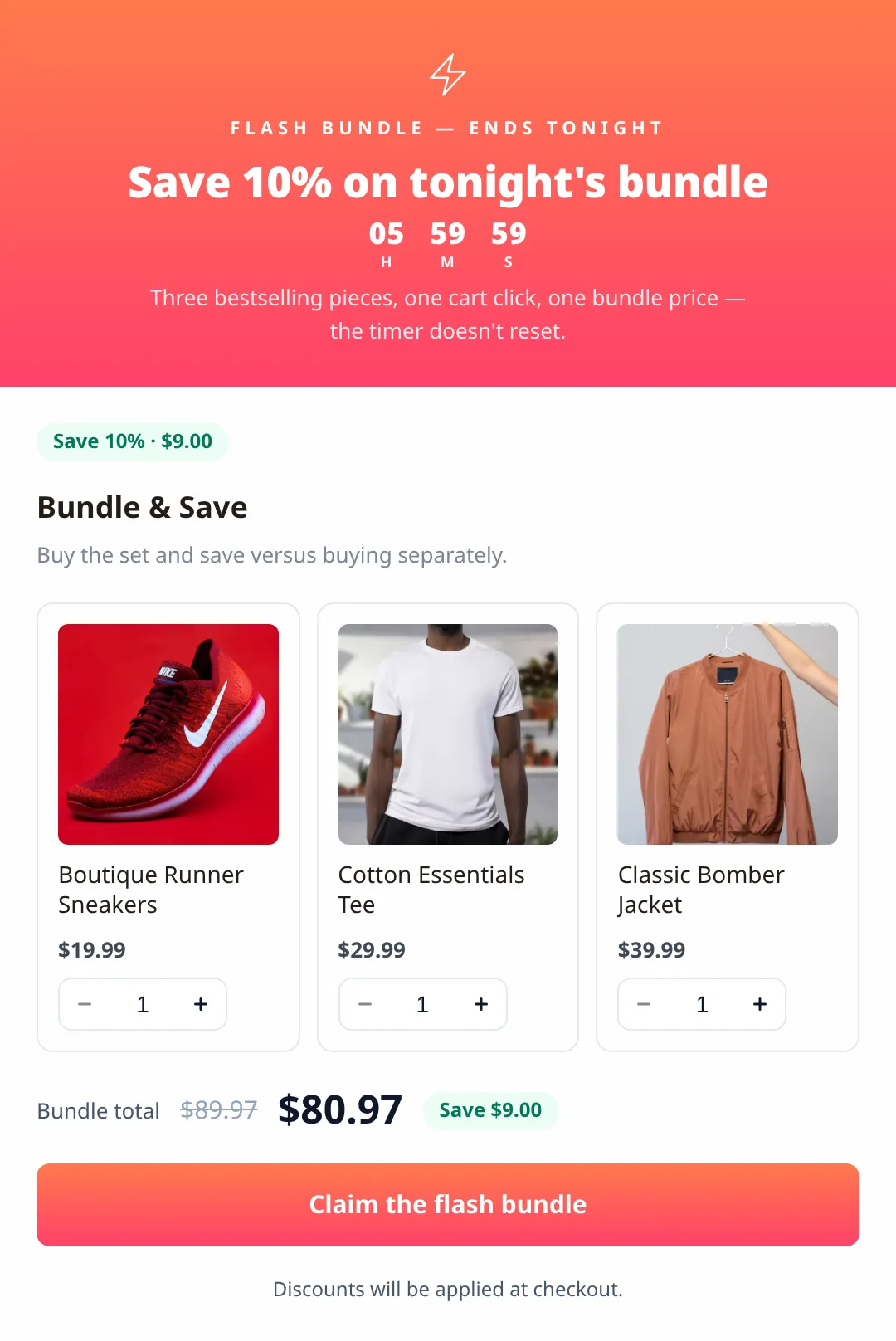 Flash-sale bundle popup with a live countdown