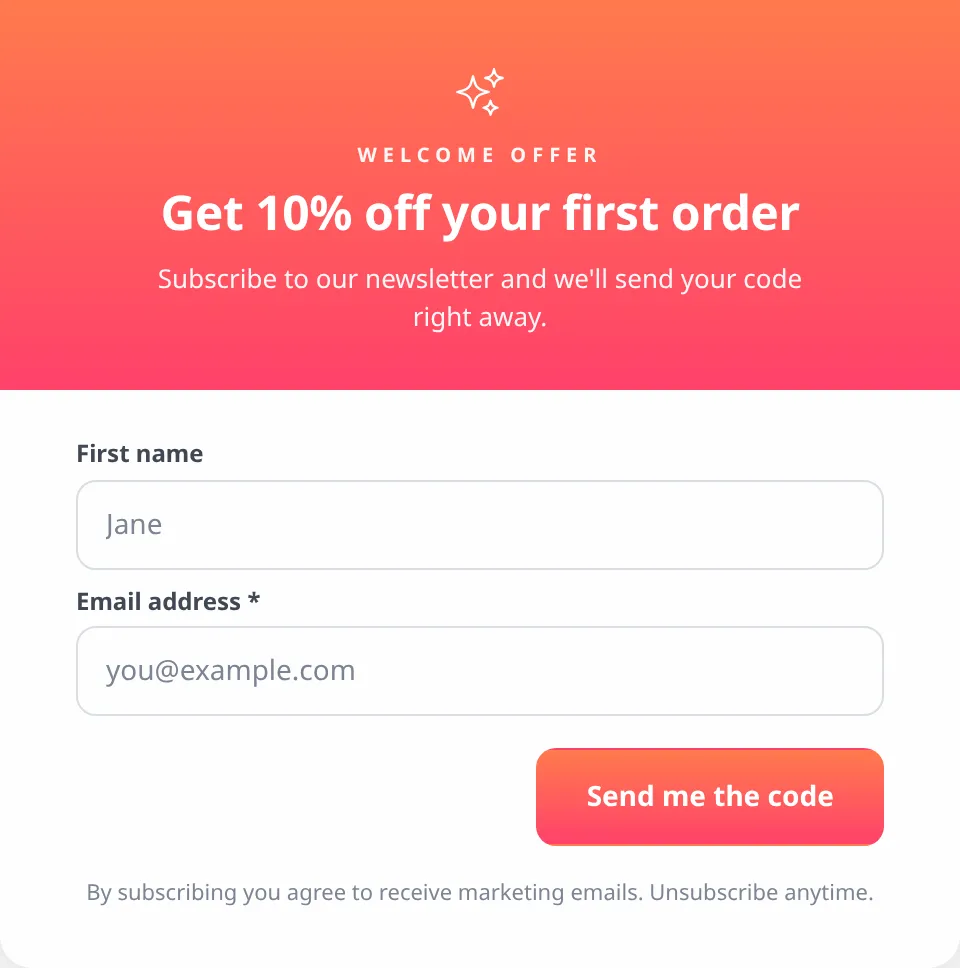 Newsletter signup form with a welcome offer