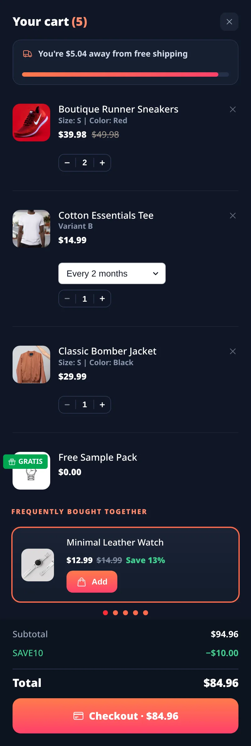 Dark Verve cart drawer with free-shipping progress