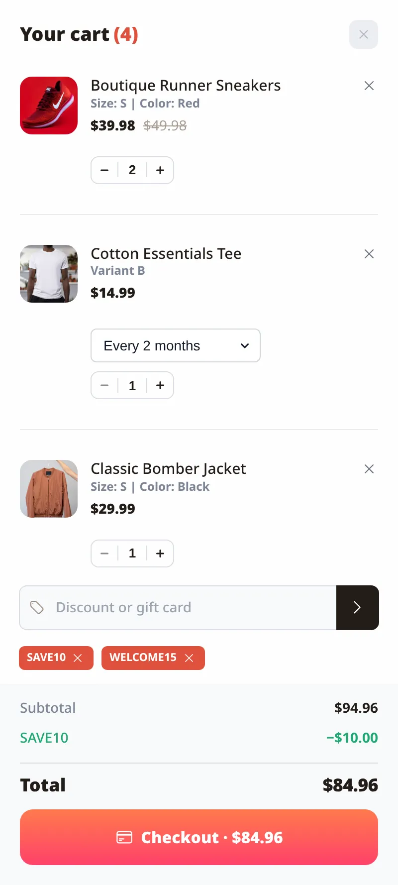 Cart drawer with rewards,upsells and a discount field