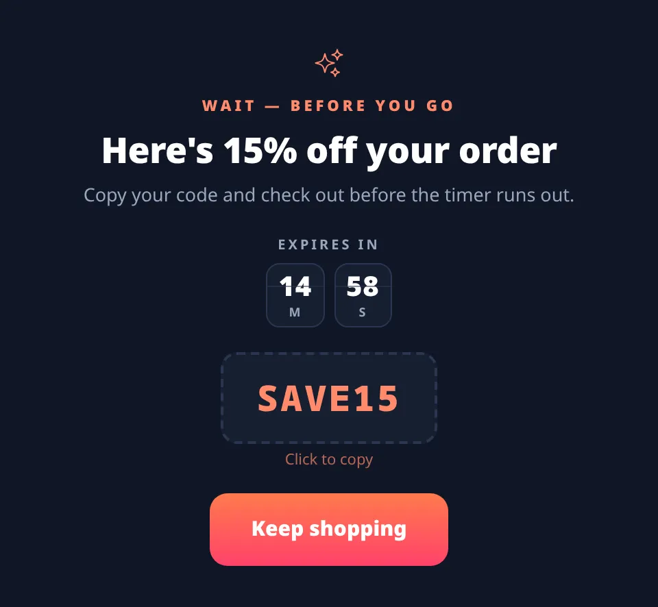 Exit-intent discount popup with a copyable code