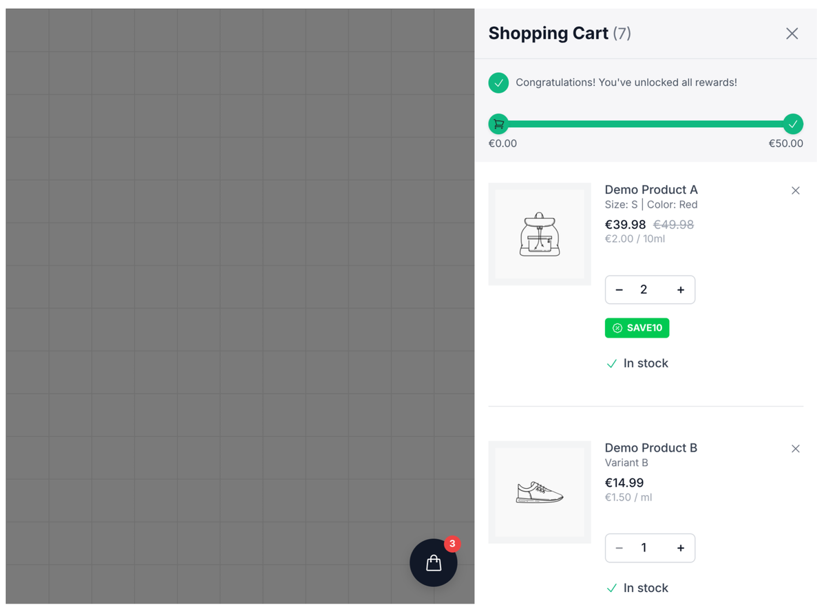 V1 Cart Suite — Cart drawer with rewards, upsells, and discounts